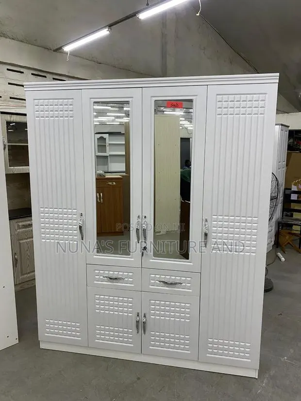 Modern White 4-Door Wardrobe With Mirrors & Drawers · Photo 1