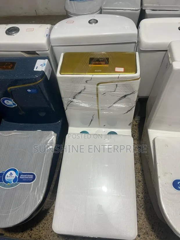 White And Gold Water Closet With Wall Hanging Basin · Photo 1