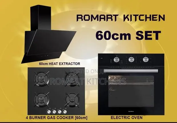 Luxell 60cm Inbuilt 4 Burner Glass Set. Oven, Hob and Heat Extractor · Photo 1