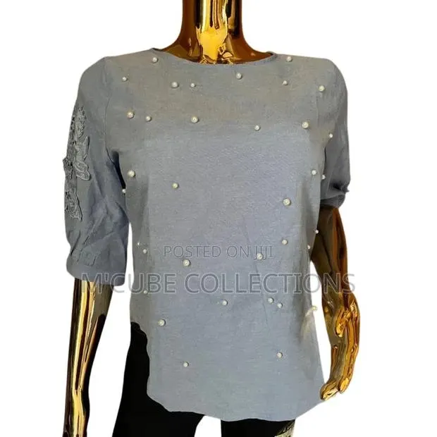 Women's Pearl Embellished Top – Soft Blue Elegance · Photo 1