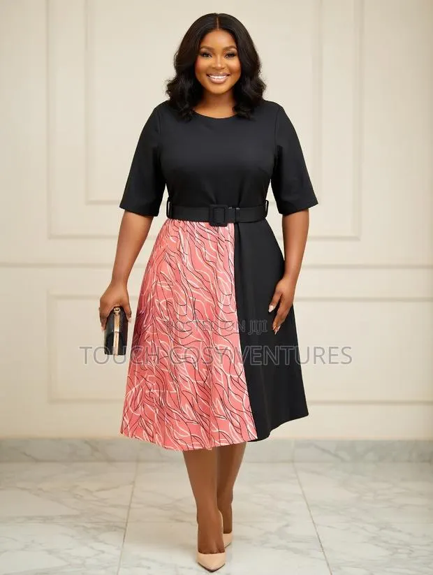 Elegant Color-Block Midi Dress - Black Pink Patterned With Belt · Photo 1