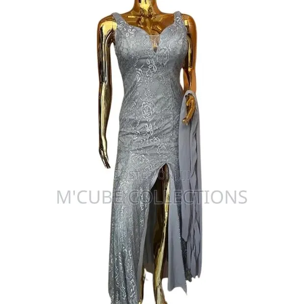 Silver Lace Slit Evening Gown · Photo 1