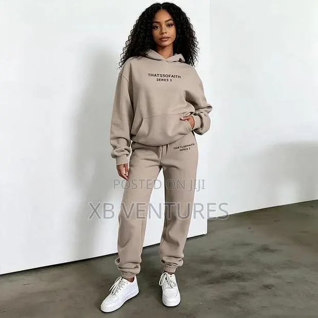 2 Piece Hoodie and Jogger Set for Women-Khaki · Photo 1