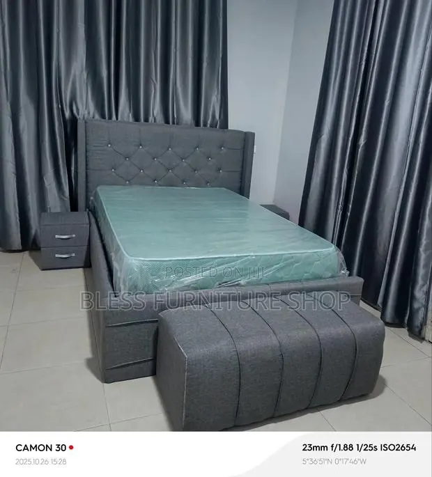 Dark Gray Double Bed Frame With Side Drawers and Ottoman With Mattress · Photo 1