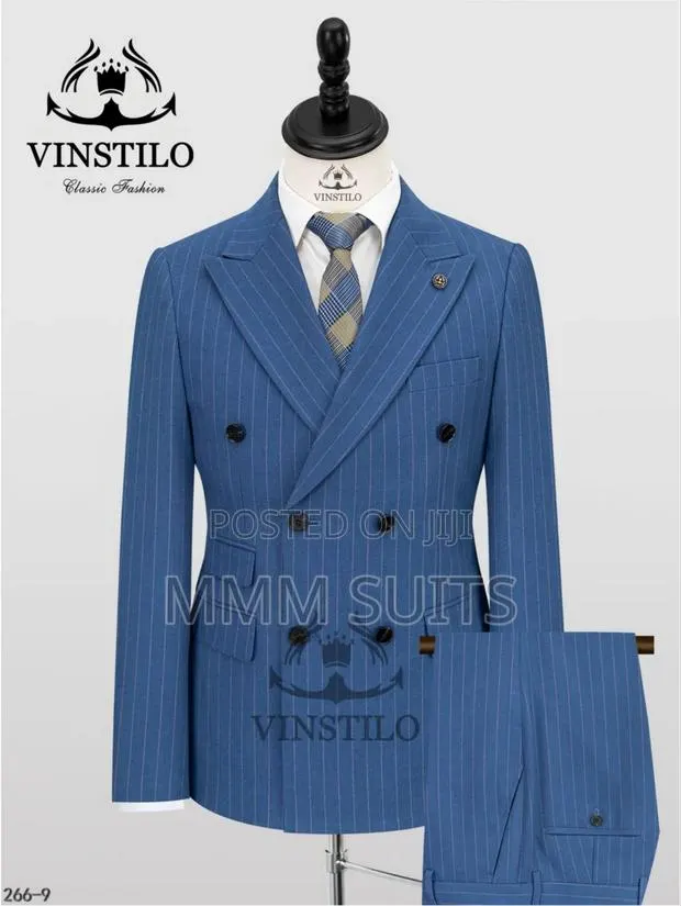 Eloquent 2-Piece Double-Breasted Vinstillo Striped Men's Suit Sea Blue · Photo 1