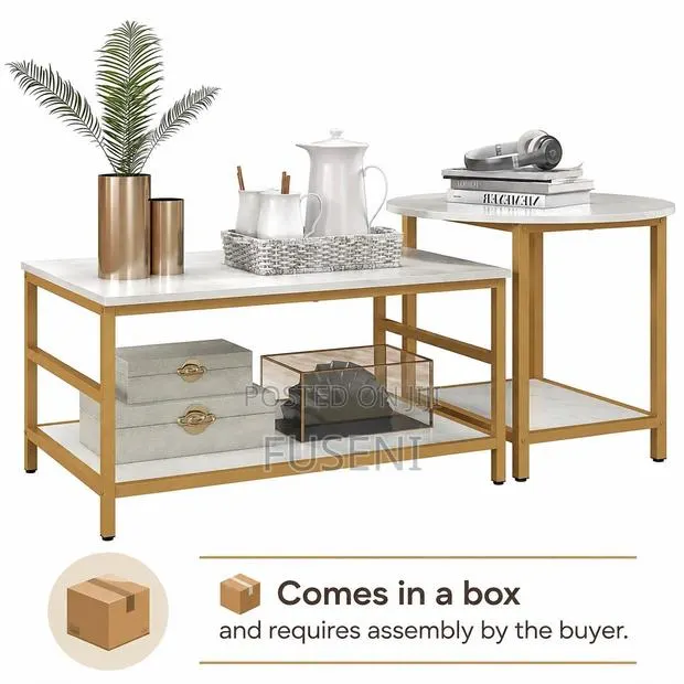 Coffee Tables 2-Rier Rectangle and Round Table With Shelves, White · Photo 1