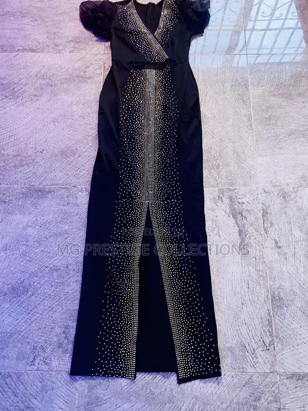 Black Rhinestone Mesh Puff Sleeve Maxi Dress · Photo 1