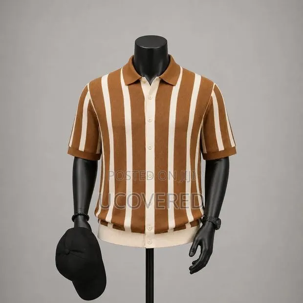 Vertical Striped Knit Polo Shirt · Photo 1