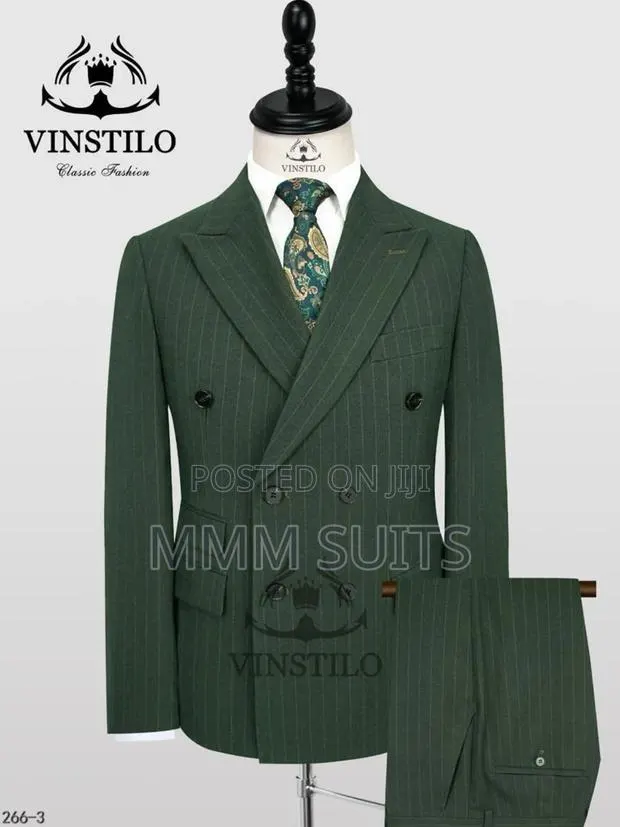Latest Double-Breasted Men's Suit for Graduation Army Green Stripes · Photo 1