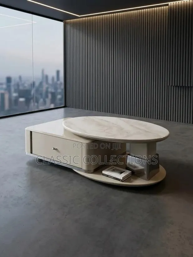 Modern Coffee Table Set With Rotatable Oval Faux-Marble Top & Drawer · Photo 1