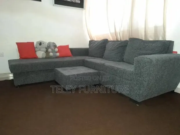 Modern L-Shaped Ash Corduroy Corner Sofa With Ottoman · Photo 1