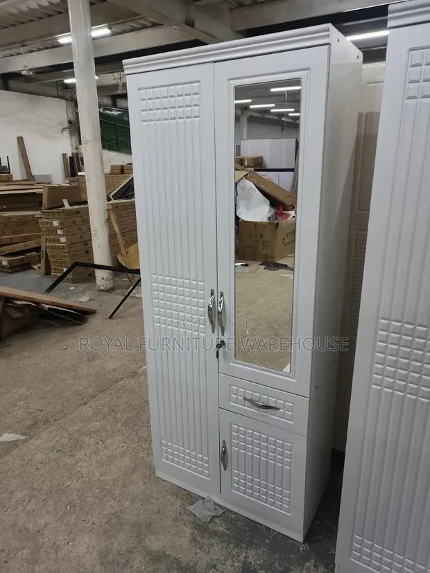 Freestanding 2-Door MDF Wardrobe With Built-in Mirror and Lower Drawer · Photo 1
