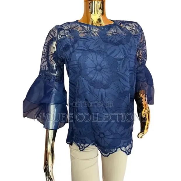 Women's Navy Blue Floral Lace Top With Sheer Layered Sleeves · Photo 1