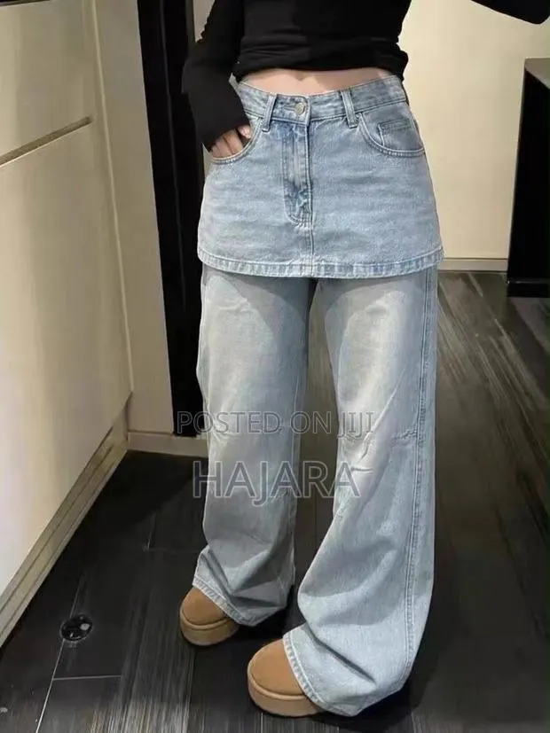 Denstyle Trendy Denim Skirt-Over-Pants / Layered Wide-Leg Jeans · Photo 1