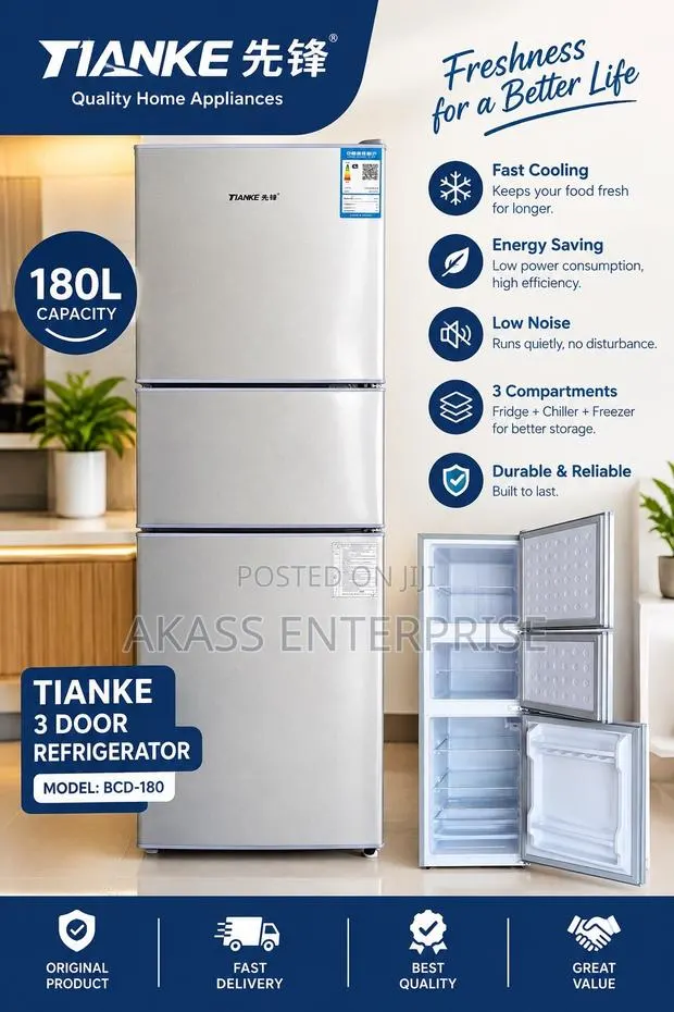 TIANKE 180L 3-Door Refrigerator BCD-180 - Energy Saving - Brand New · Photo 1