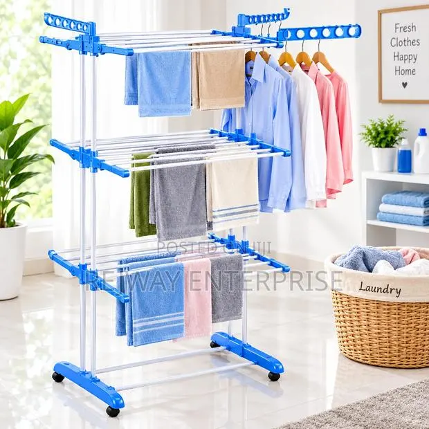 Tier Blue and White Drying Rack With Wheels and Hanging Rail · Photo 1