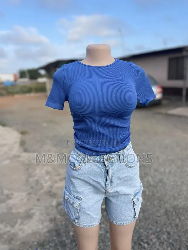 Blue Ribbed Short Sleeve Fitted Top · Photo 1