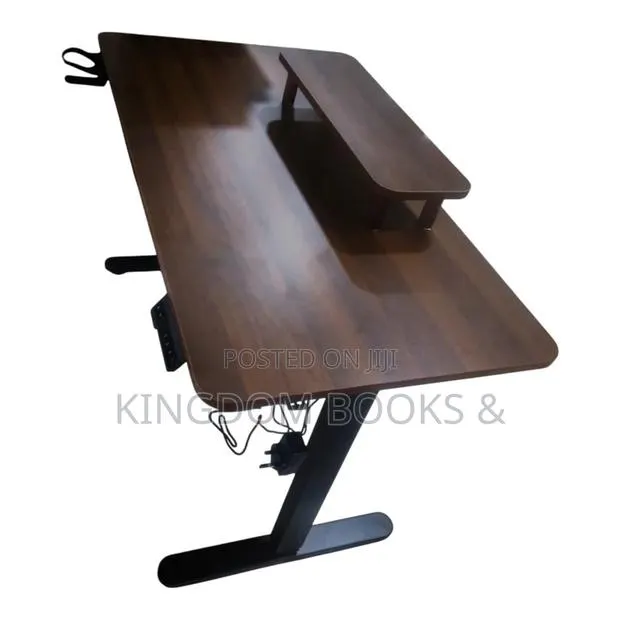 Electric Height Adjustable Desk With Monitor Riser - Dark Wood / Black · Photo 1