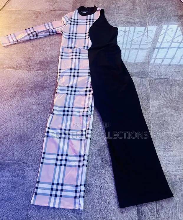 Two-Tone Plaid and Black One-Sleeve Jumpsuit · Photo 1
