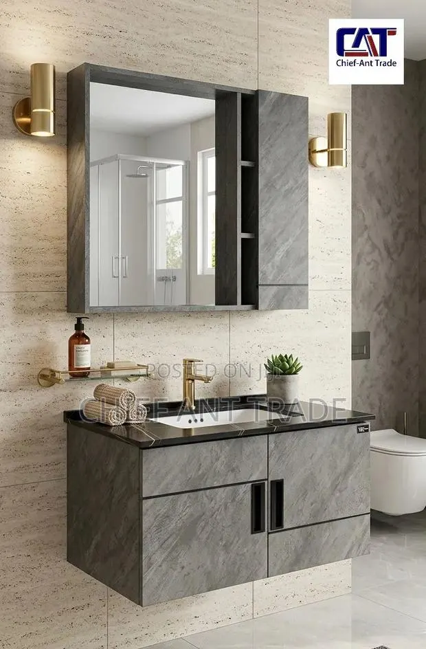 Grey Cabinet Basin With Marble Top and Cabinet Mirror 60cm · Photo 1