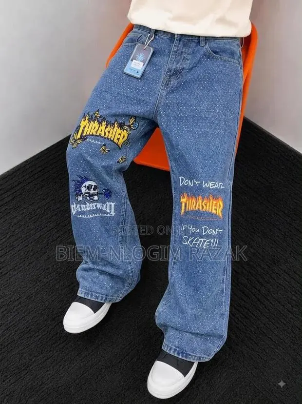 High Quality Diamond Stones Chrome Heart Baggy Jeans · Photo 1