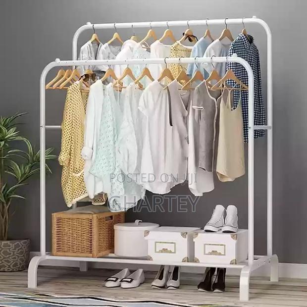 Portable Clothes Hanging Rack, Bottom Shelves · Photo 1