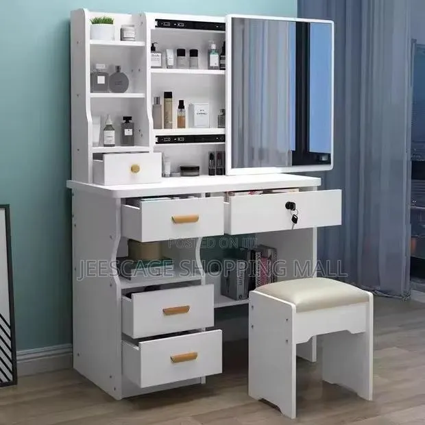 Modern White Dressing Table With Sliding Mirror, Ample Storage,
