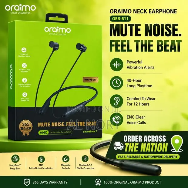 Oraimo Oeb-611 Bluetooth Neckband Earphones - Black · Photo 1