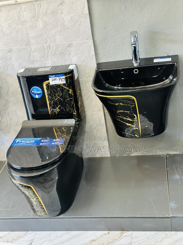 One Piece Water Closet_ Black and Gold Wc and Hanging Basin · Photo 1