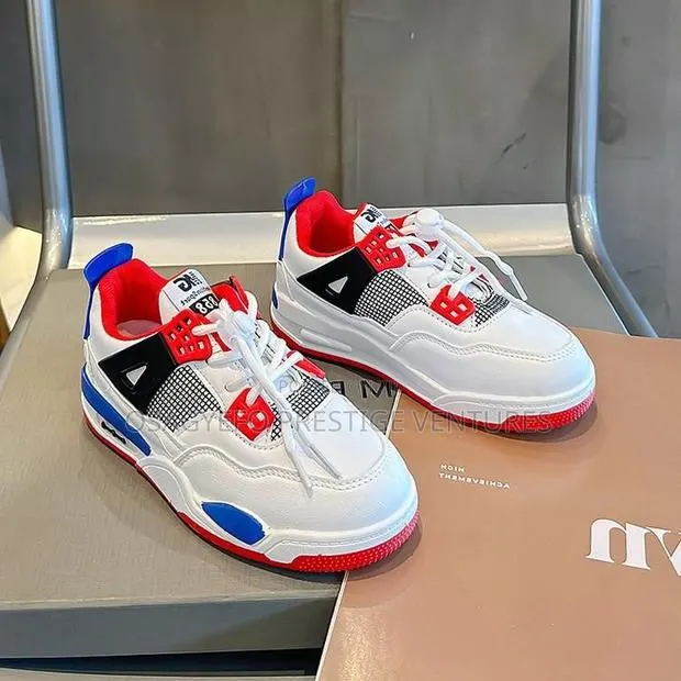 Kids’ Jordan 4-Inspired Sneakers – White/Red/Blue · Photo 3