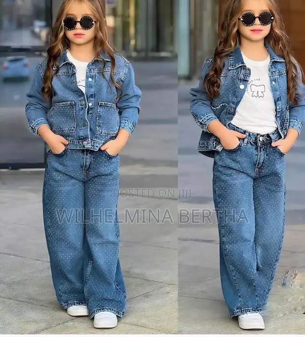 Girls Dotted Denim 3 Piece-Jacket Pant Tee Ages 1-10 · Photo 1