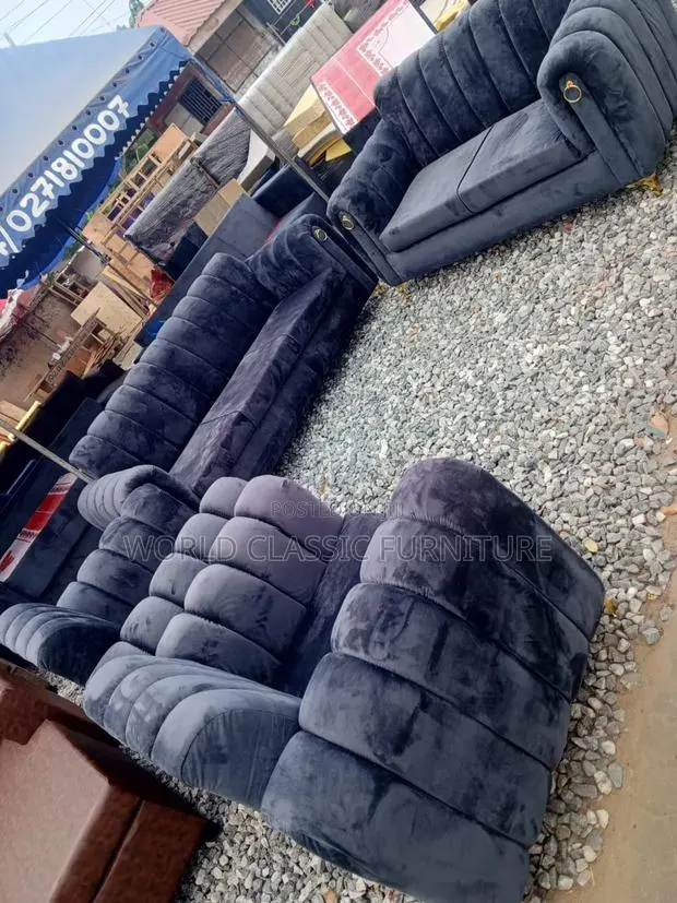 Luxury Channel Tufted Navy Velvet Sofa Set With Gold Accents. · Photo 1