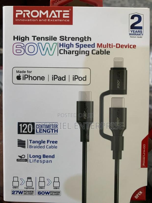 Promate 2-in-1 Mfi USB-C to USB-C and Lightning 60w Cable · Photo 1