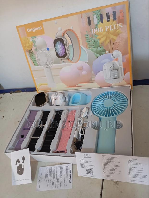 D96 Plus Smartwatch With Mini Hand Fan Earbud Set - Blue · Photo 1