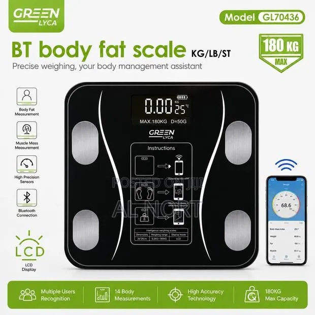 GREEN LYCA GL70436 Bluetooth Body Fat Scale – 180kg – Black · Photo 1
