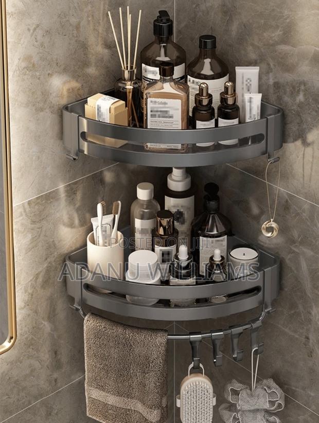 2 Tiers Triangle Bathroom Shelves With Hooks Towel Bar · Photo 1