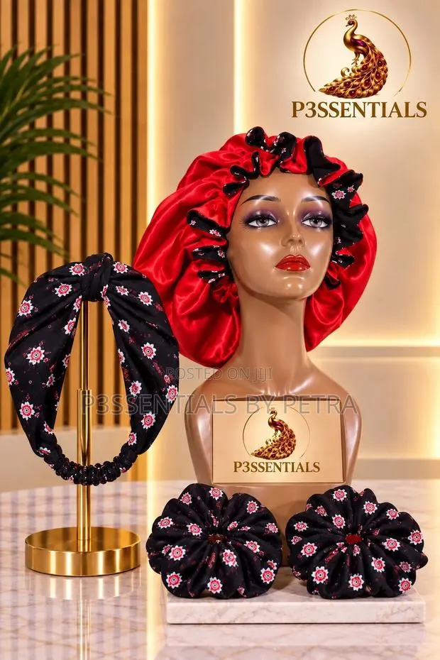 Red Black Chiffon Satin Bonnet Scrunchies Set · Photo 1