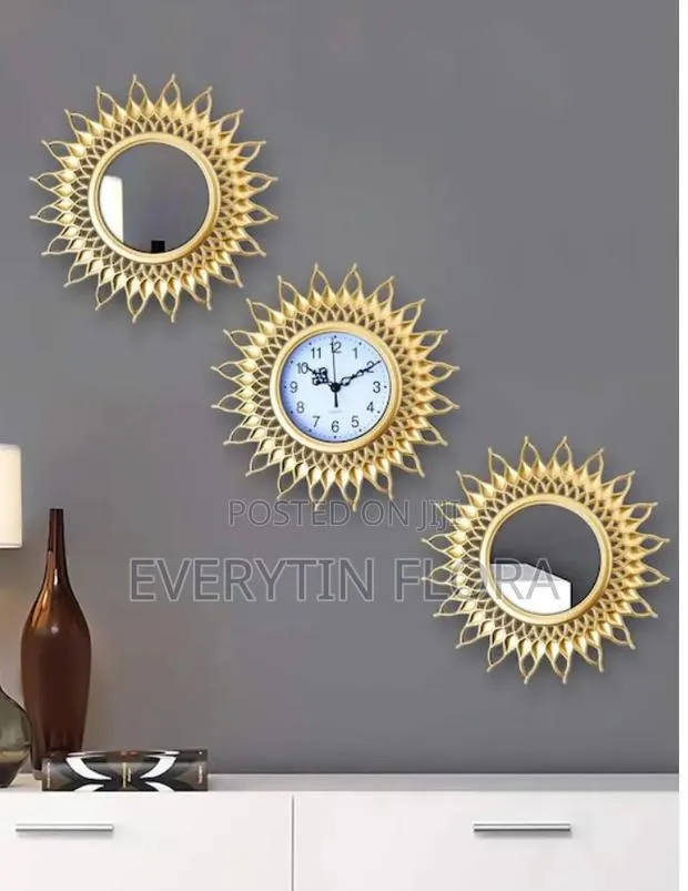 3-Piece Gold Wall Clock + Mirror Set – Luxury Accent Decor* · Photo 1