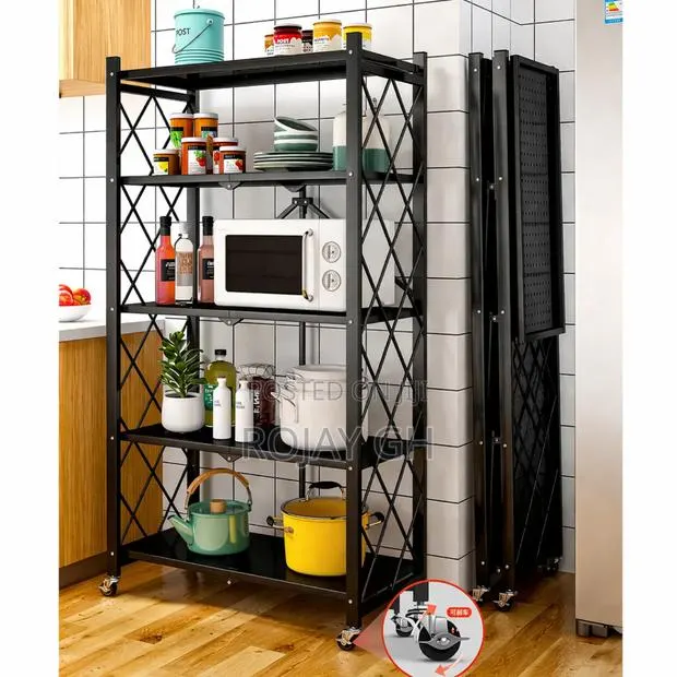 5-Tier Heavy Foldable Storage/Kitchen Duty Rack With Wheels - Black · Photo 1