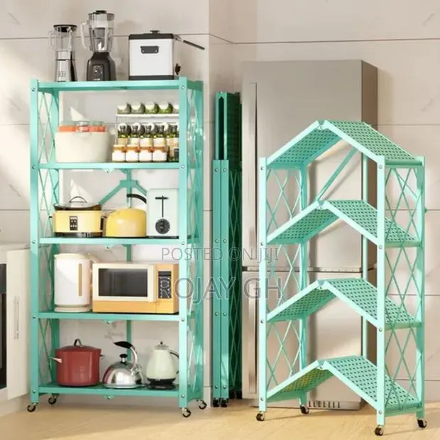 5-Tier Heavy Foldable Storage/Kitchen Duty Rack With Wheels - Green · Photo 1