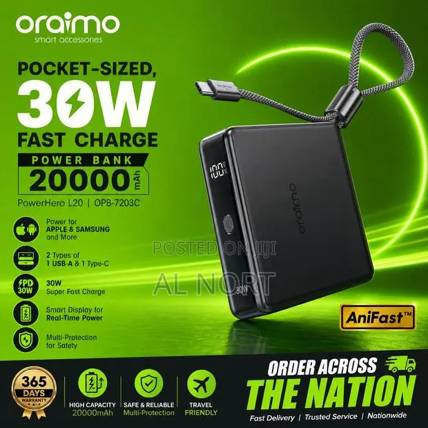 Oraimo Powerhero L20 20000mah 30w Fast Charge Power Bank Opb-7203c · Photo 1