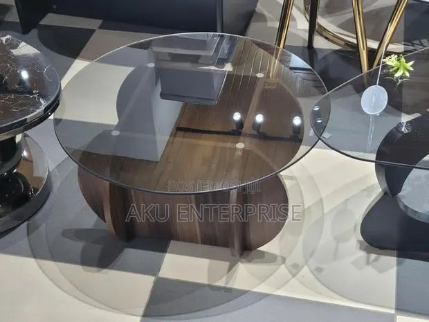 Round Center Table Glass Top Solid Wood Base Modern Living Room Table · Photo 1