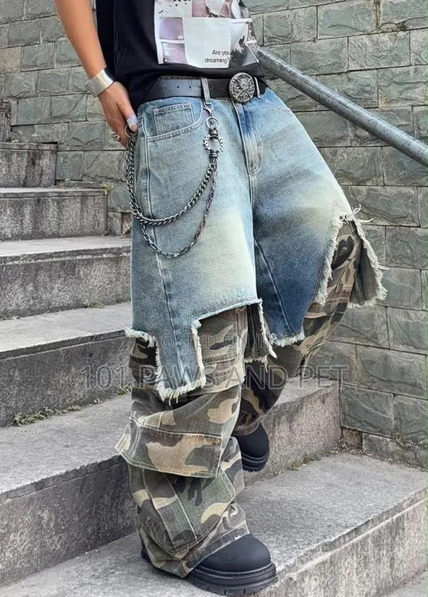 Camo Layered Baggy Cargo Pants | Denim Over Camo Streetwear