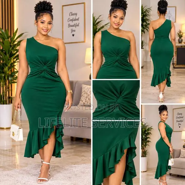 INAWLY Women's Elegant Slim Fit Neck Ruffled Hem Slit Midi Dress · Photo 1