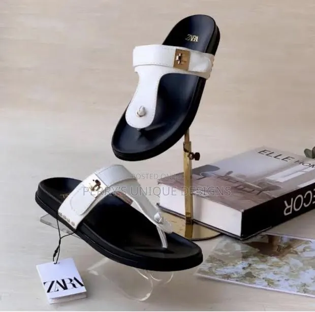 • Zara Women's Flat T-Strap - White Leather With Gold Hardware Clasp · Photo 1