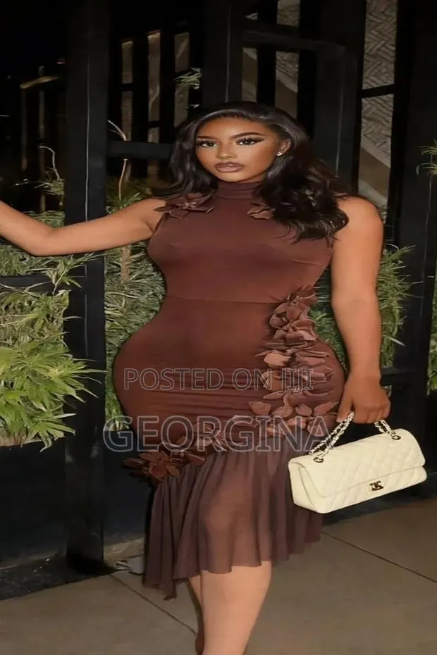 CLASSIC WEARS 3D Flower Bodycon Dress With Mesh Hem - Brown Pink White · Photo 4