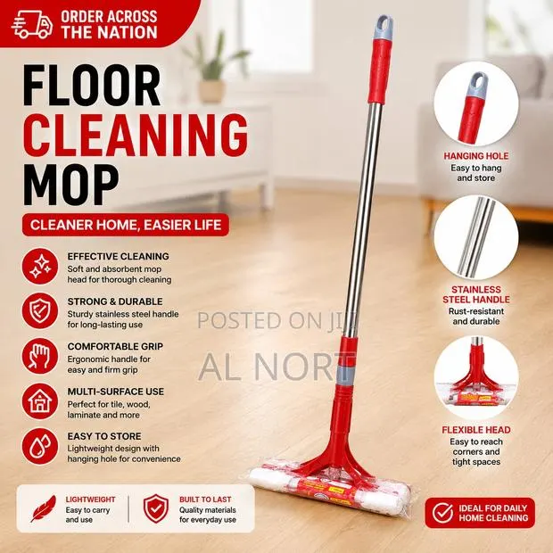 Long Handle Floor Cleaning Mop – Red Silver · Photo 1