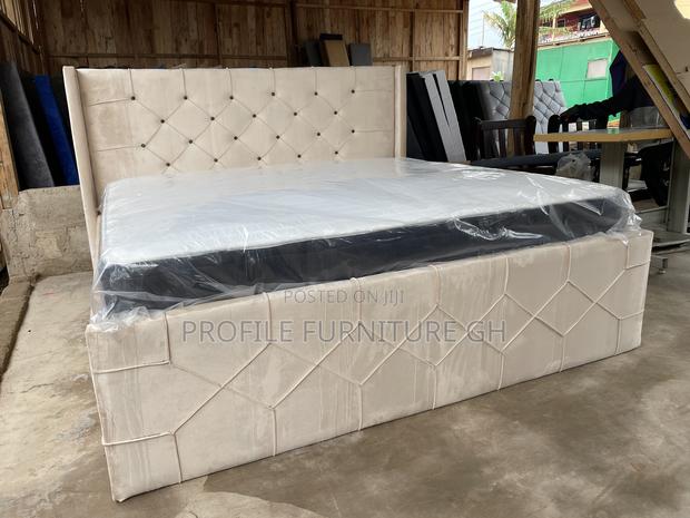 Suede Cream Queen Bedframe With Mattress// Durable And Luxurious · Photo 1