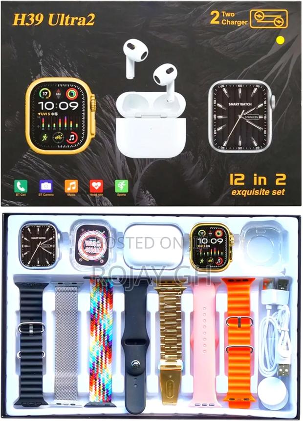 H39 Ultra 12-in-2 Smart Watches Set, Airpod 7 Straps -Gold · Photo 1
