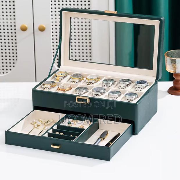 12 Slot Watch Case, With Jewelry Compartment, With Glass Lid · Photo 1